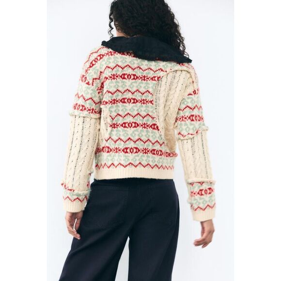 Multicolor Zara Wool-Blend Fair Isle Cable Knit Jacquard Chunky Sweater, NWT - Picture 4 of 6